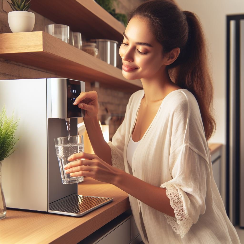 Dispensadores de agua fria siendo usados por una chica para llenar un vaso