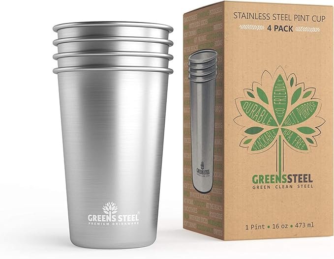 Greens Steel Vasos de Acero Inoxidable - N° 1 Premium 475 ml Vaso de Cerveza (Paquete de 4) Vasos de Metal Premium - Vaso Apilable Duradero