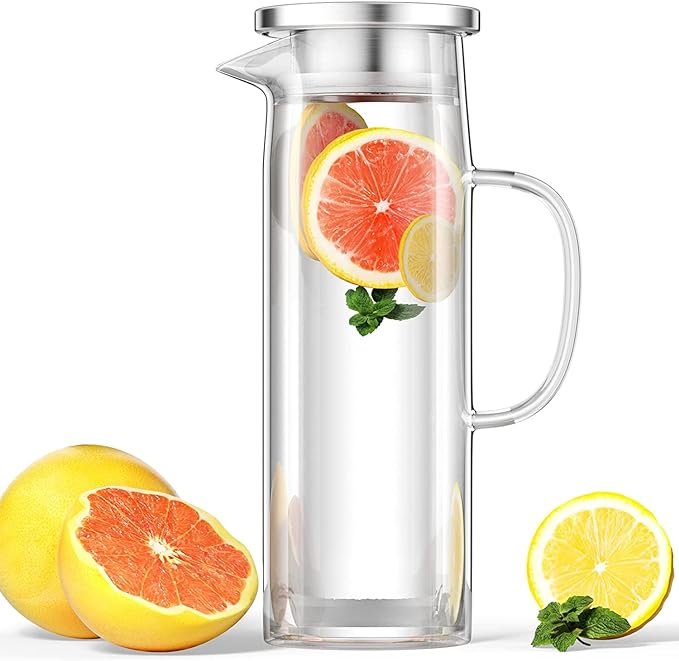 Uootach Jarra de Agua 1.5L, Jarra de Cristal con Tapa, Transparente y resistente al calor botella de agua hecha de vidrio de borosilicato, La jarra es perfecta para leche, jugo, café o agua tibia.