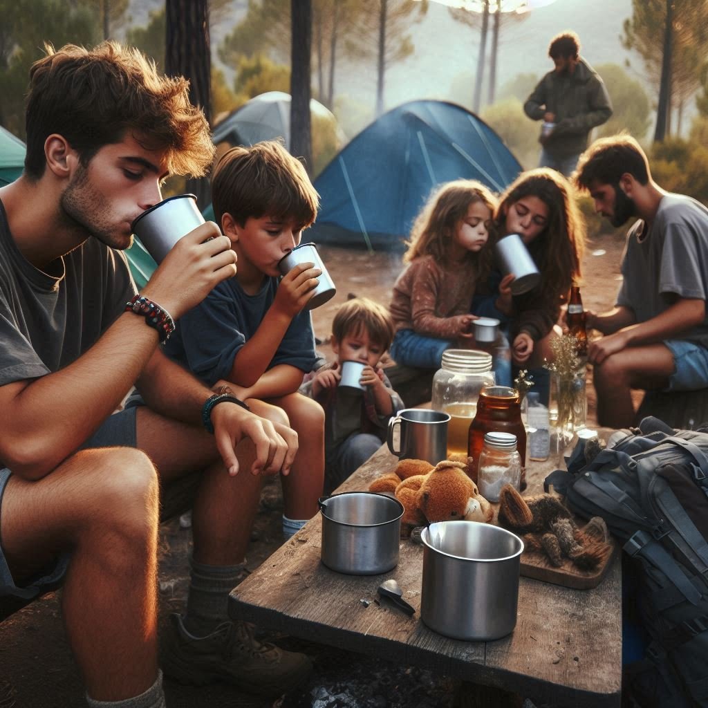 chicos de acampada bebiendo en vasos de metal