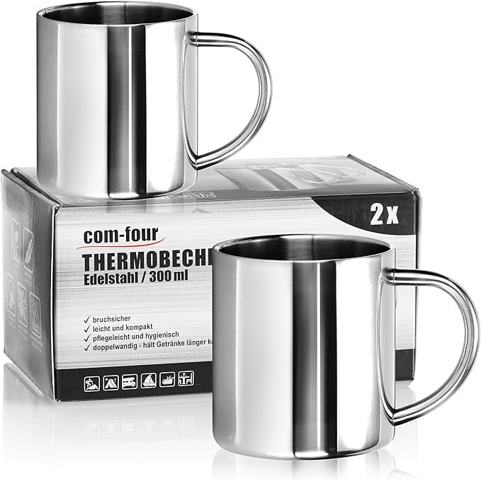 com-four® 2x taza térmica de acero inoxidable - 300 ml por taza - taza aislante de doble pared - taza de café irrompible - taza térmica para beber - taza de camping - taza - sin BPA (300ml)