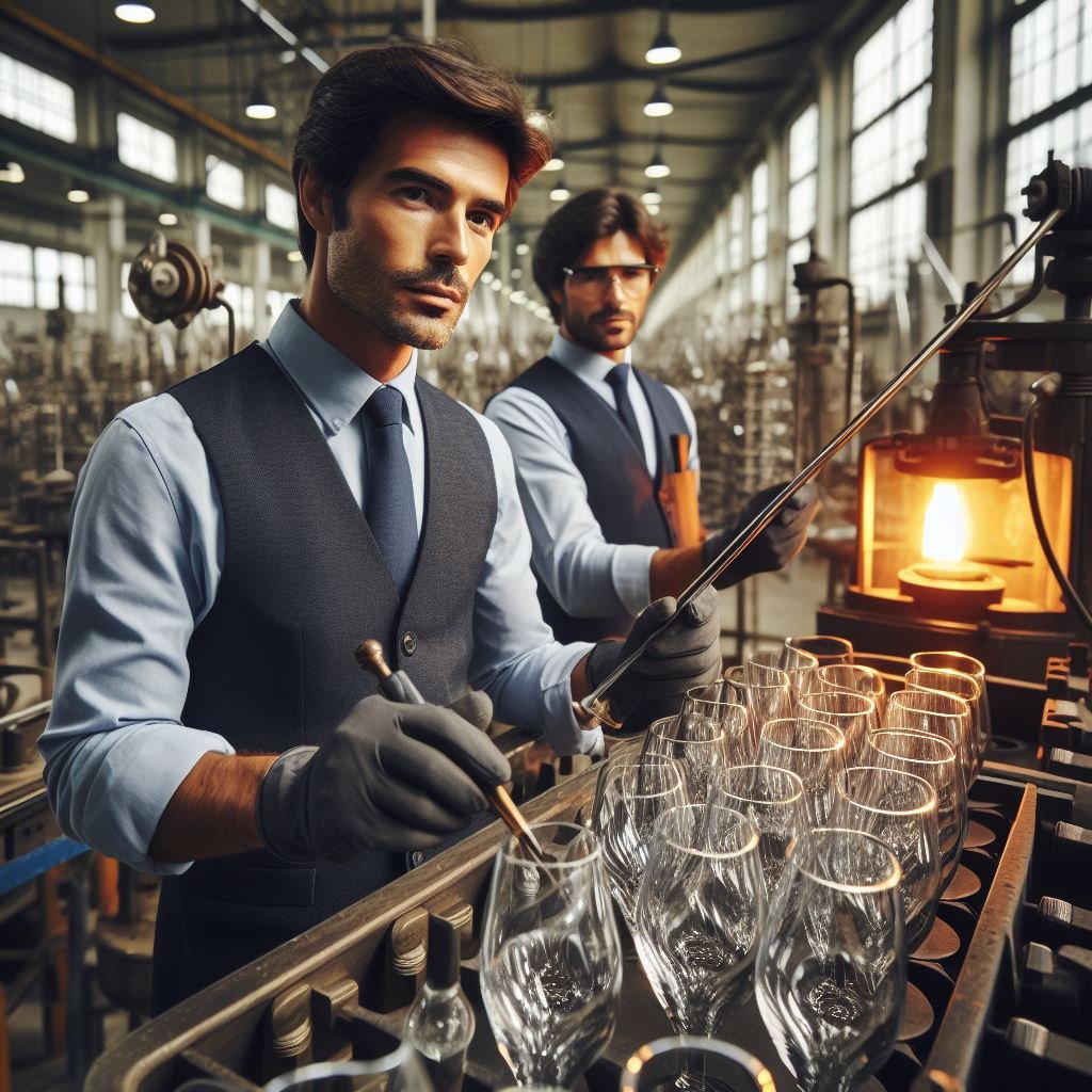 dos ingenieros midiendo la calidad del vidrio de unos vasos