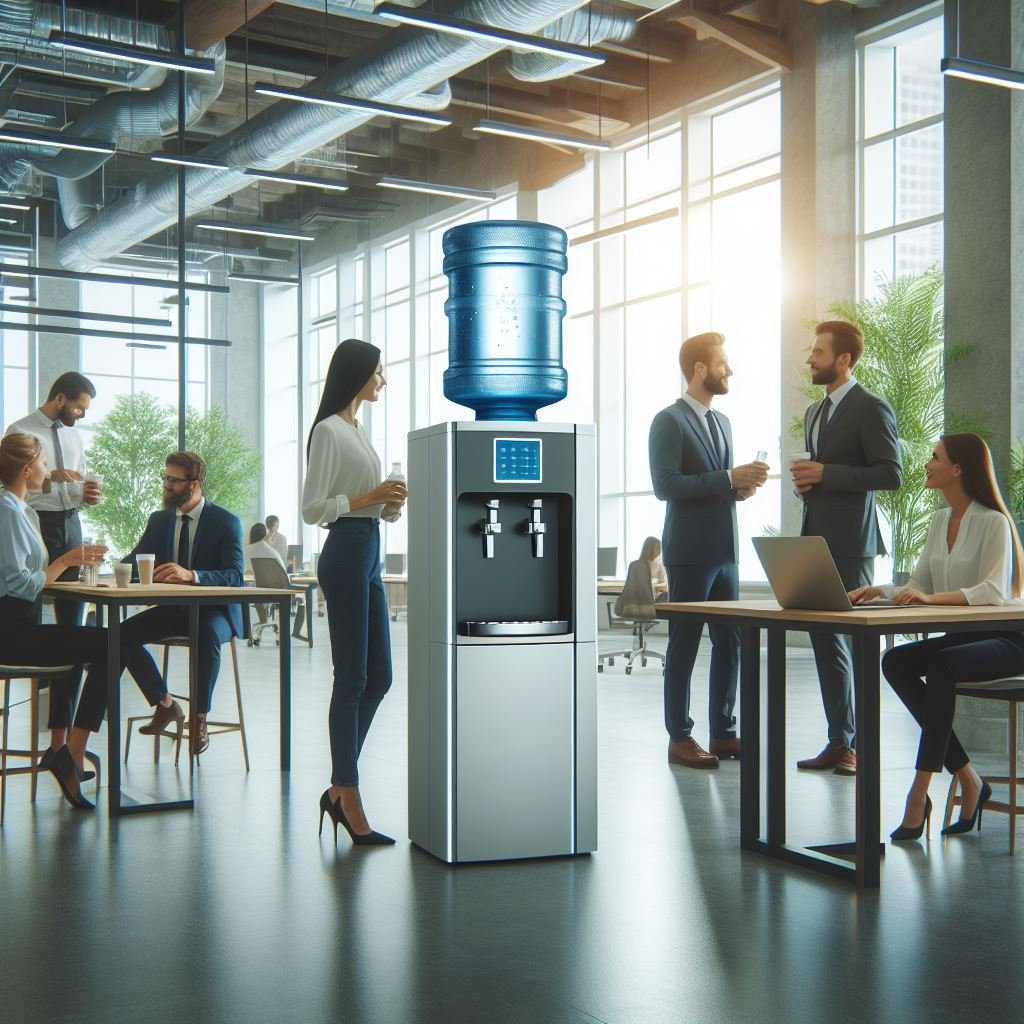 personas trabajando en una oficina donde hay un dispensador de agua en primer plano