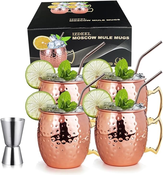 izdeel Vasos Moscow Mule Mugs Tazas de Cobre Inoxidable 550ML Copper Tazas de Moscú Copas de Cóctel, 4 Vasos + 4 Pajitas + 1 Medición