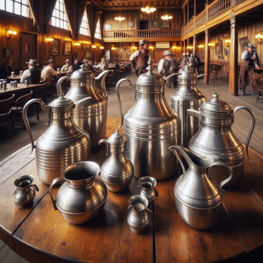 jarras de metal en una mesa de madera