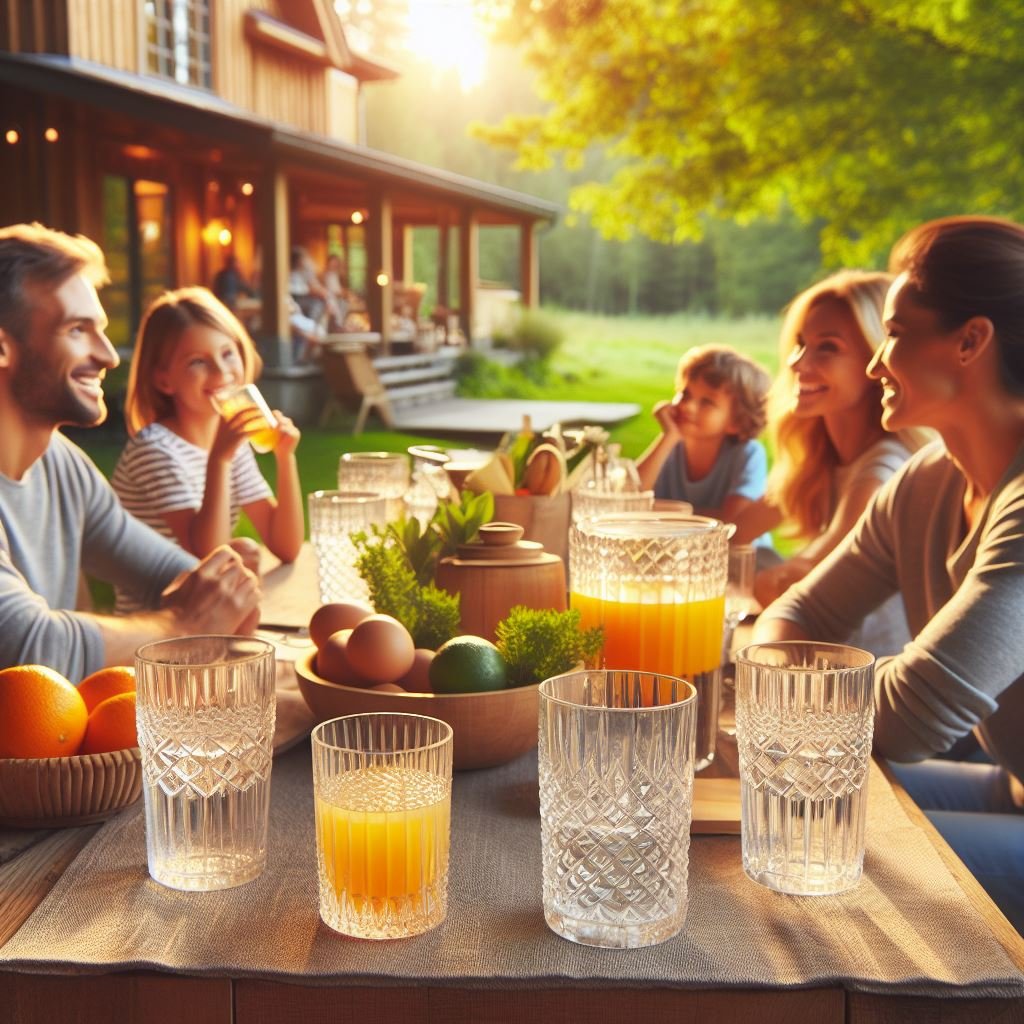 primer plano de unos vasos de agua de cristal en una mesa de madera donde permanece placidamente una familia